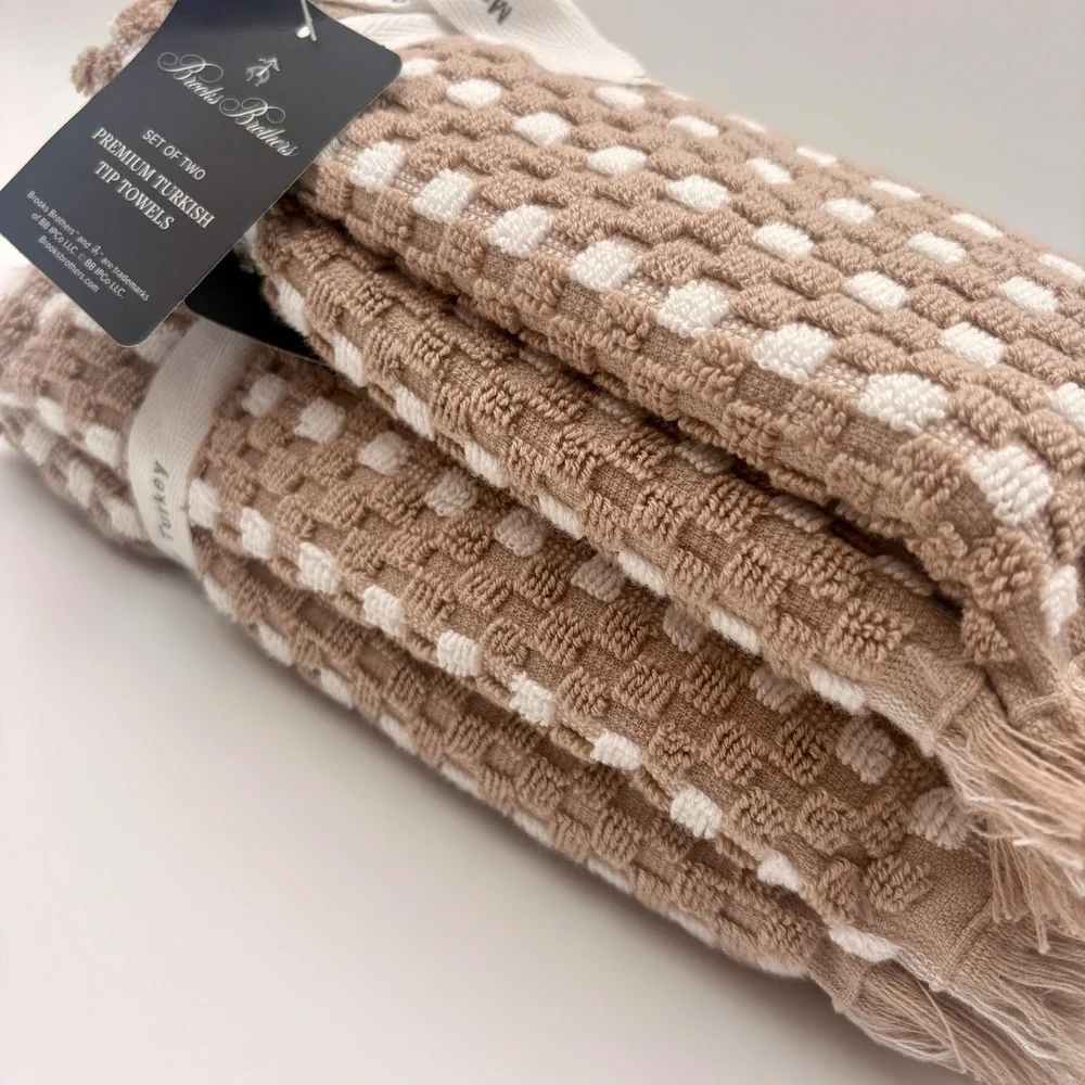 Brooks Brothers 4pc‎ Premium Turkish Towel Set 2 Hand 2 Tip Towels Tan White NEW